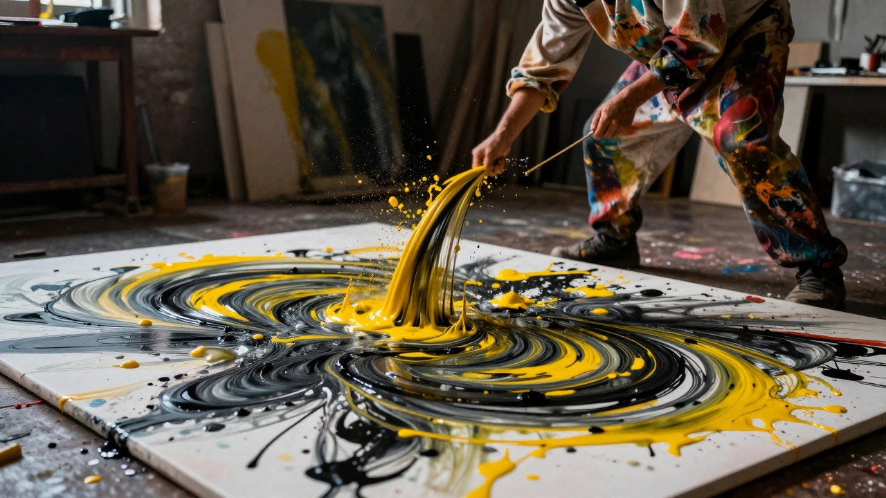 Artist energetically flinging paint onto a canvas in a dark studio