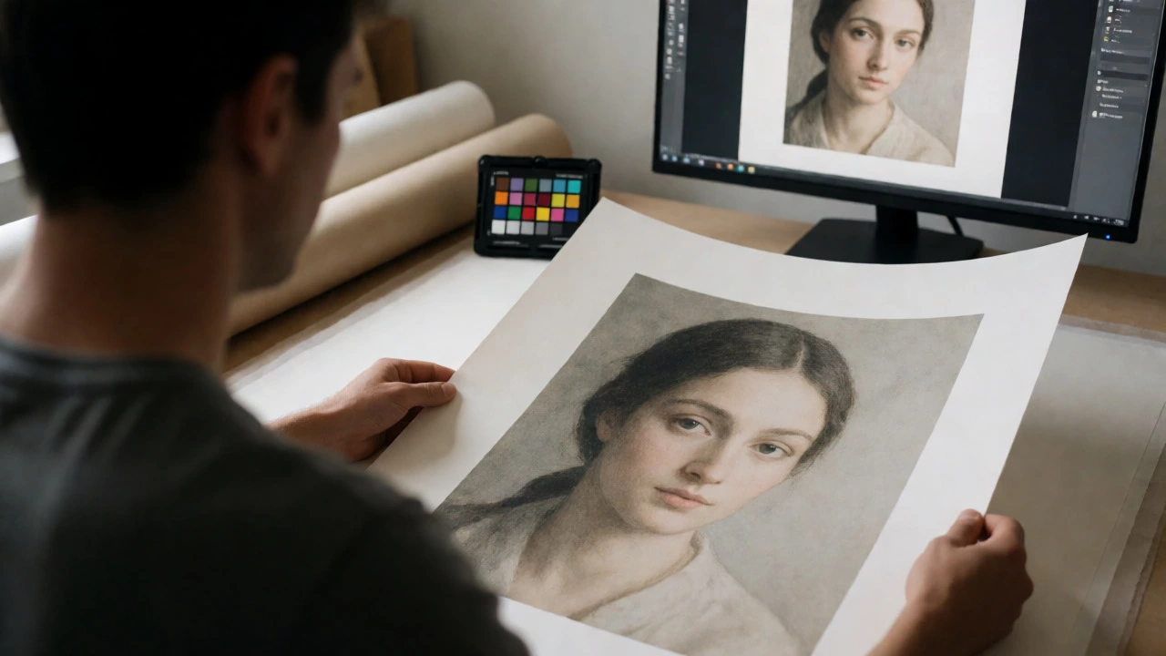 Artist inspecting a high-quality art print under neutral daylight for color accuracy