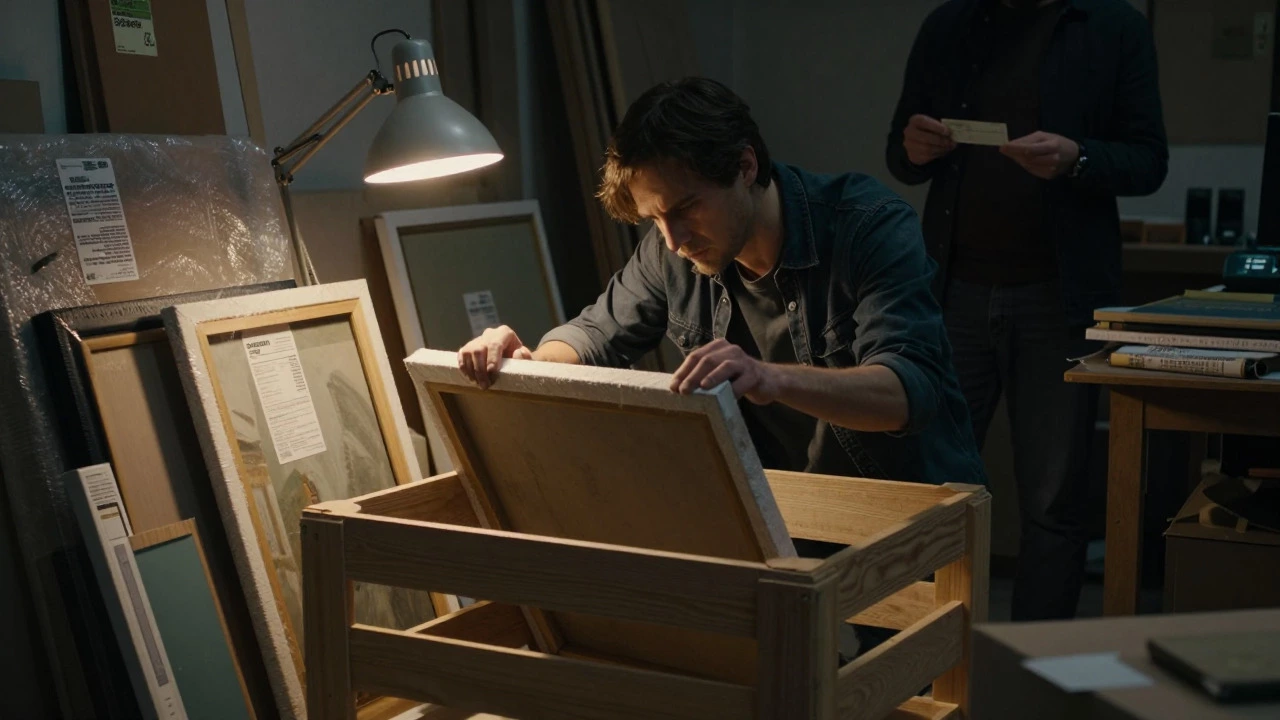 Artist packing artwork in crate surrounded by shipping supplies