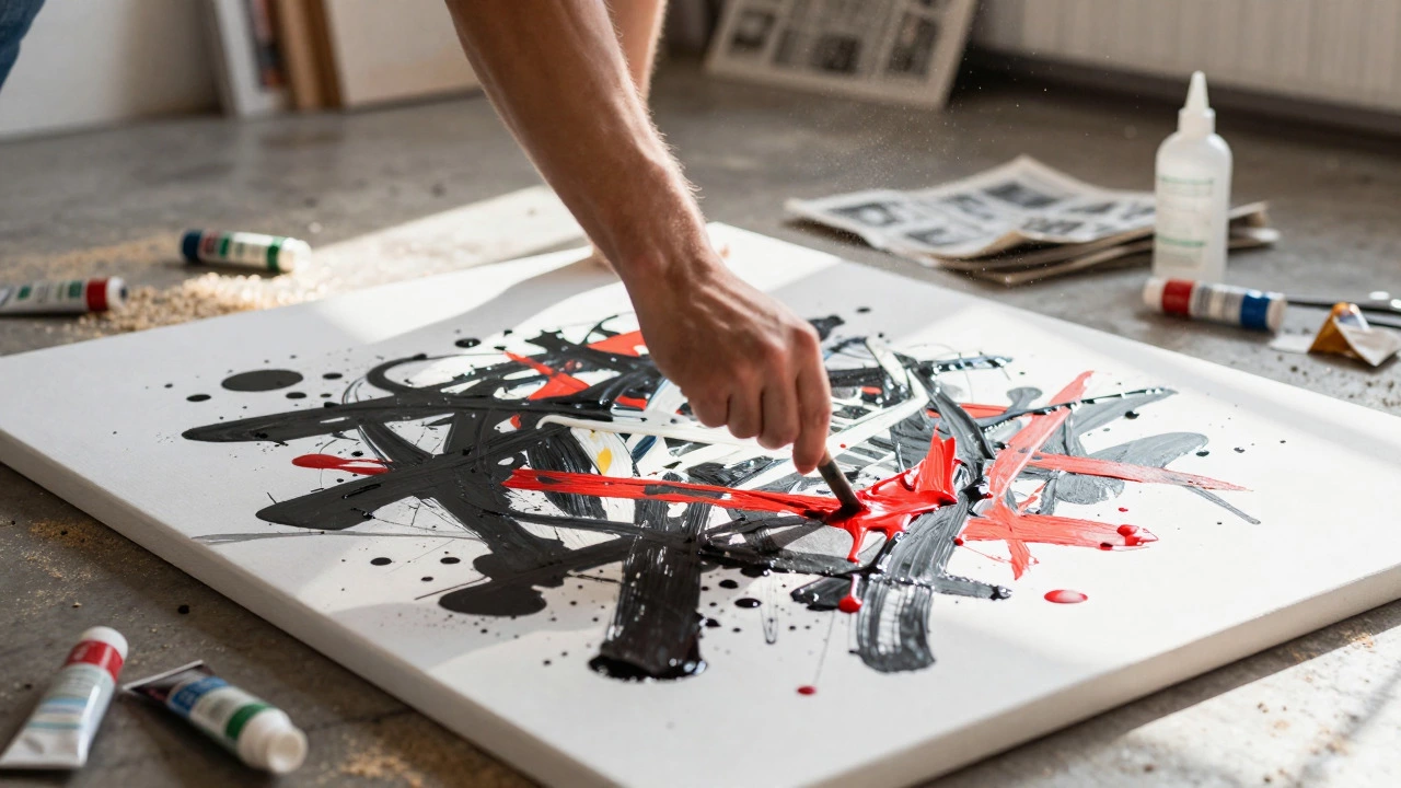 Artist splattering paint on floor in messy, energetic studio