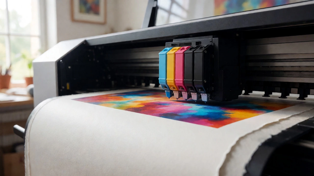 Close-up of a professional inkjet printer spraying pigment ink onto textured art paper