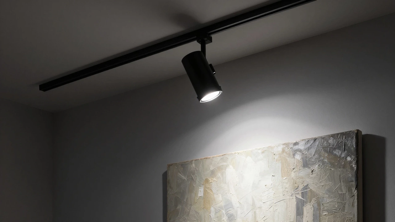 Close-up of gallery lights illuminating abstract painting