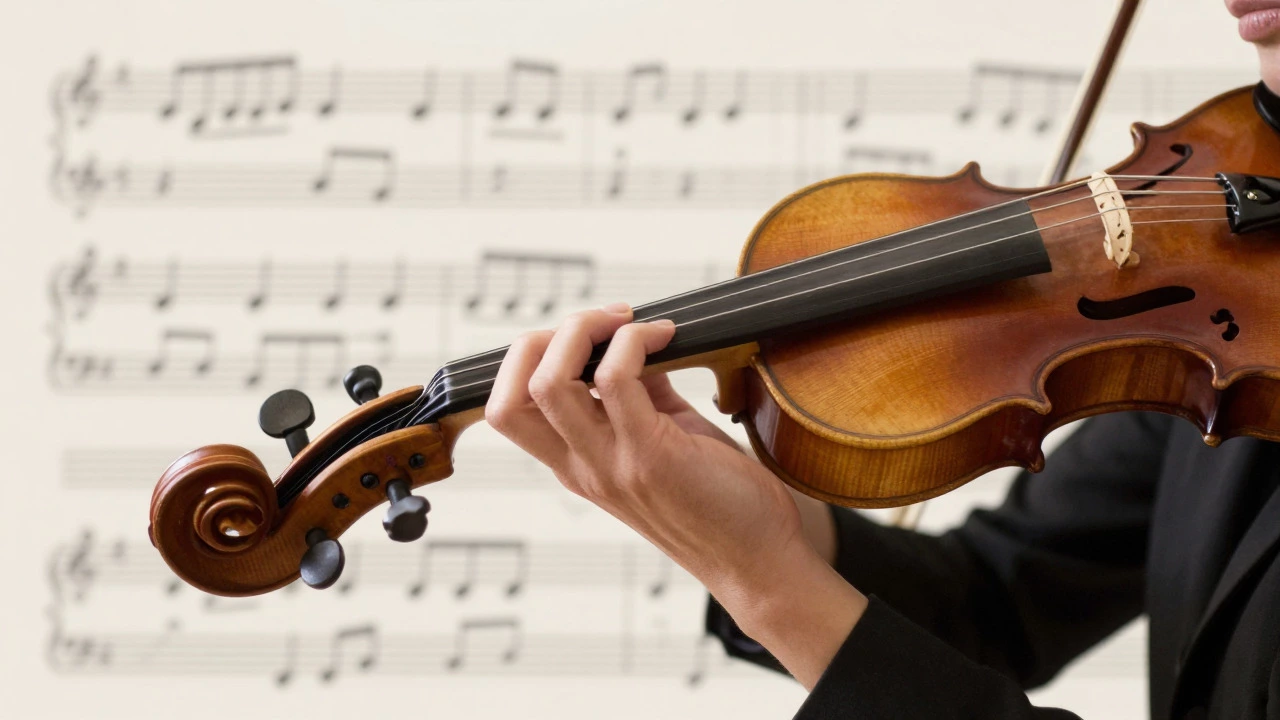 Close up of violinist fingers pressing strings with precise intonation