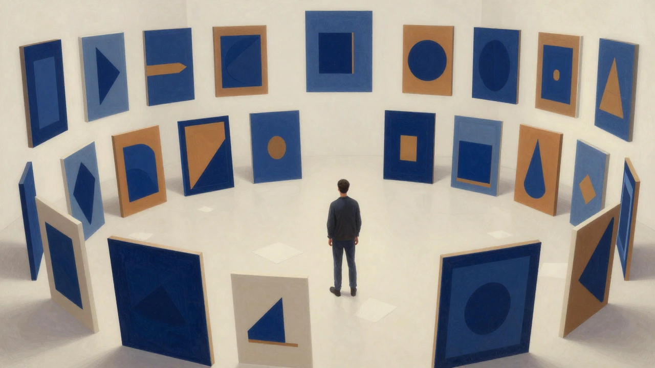 Conceptual art showing an artist surrounded by cohesive, unified artworks