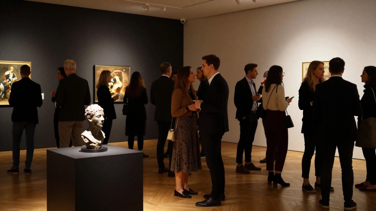 Crowd at art exhibition opening reception with sculpture