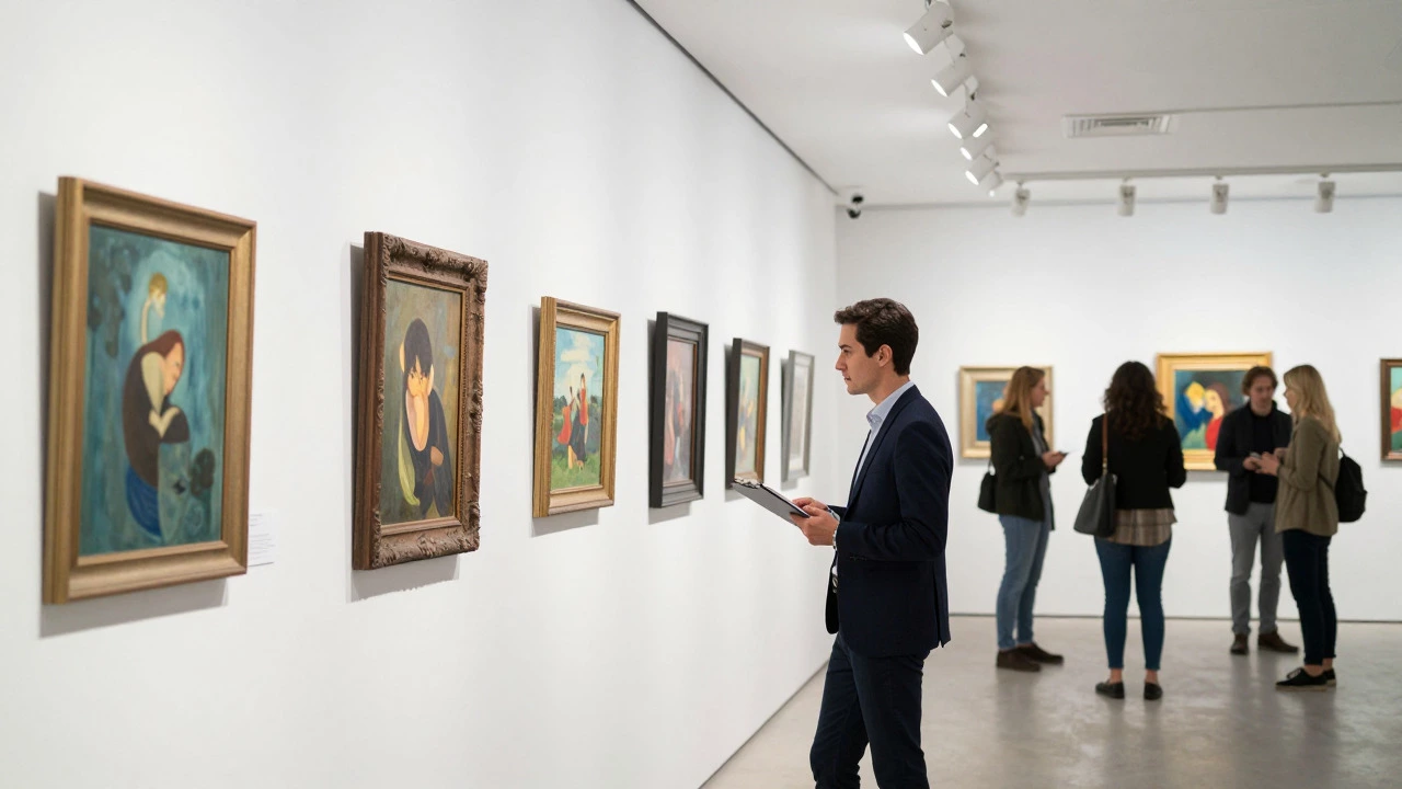 Curator examining artwork in a bright, white-walled gallery