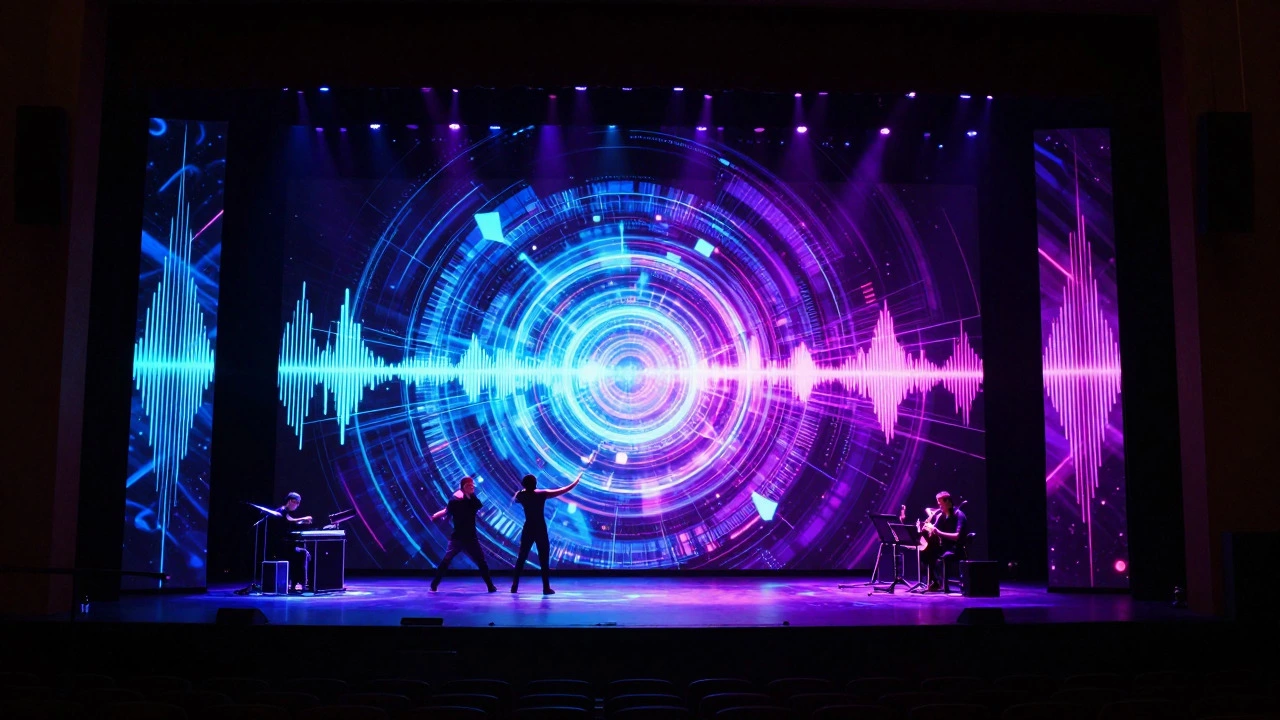 Futuristic stage with neon projection mapping and dancing silhouettes