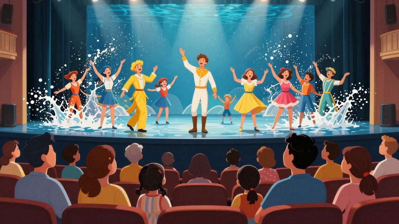 Happy family watching a colorful water-themed musical performance