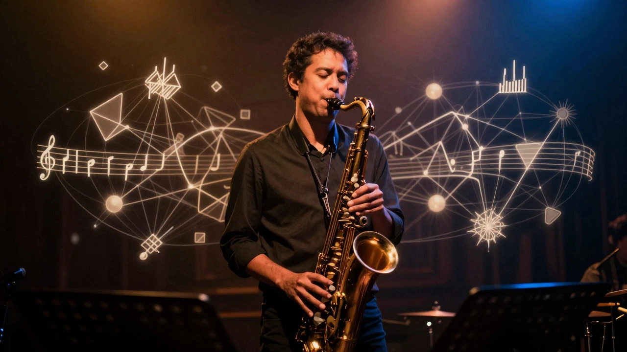 Jazz saxophonist improvising with abstract musical theory visuals surrounding him