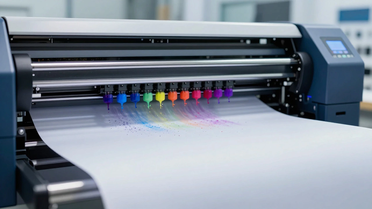 Macro view of an inkjet printer head depositing pigment ink