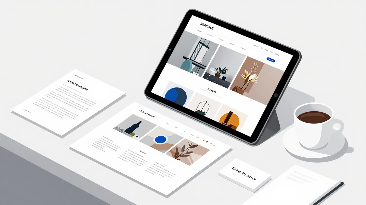 Minimalist desk setup with tablet showing art portfolio website
