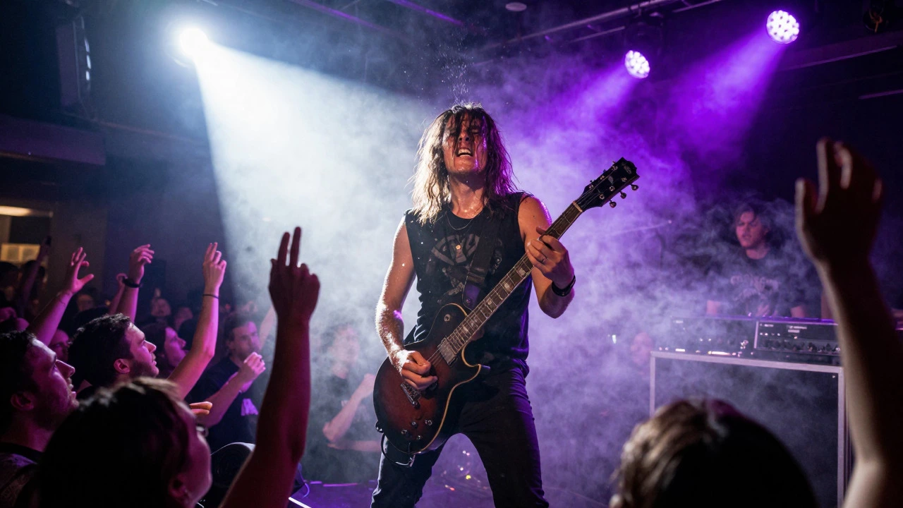 Rock guitarist performing energetically on stage at a concert