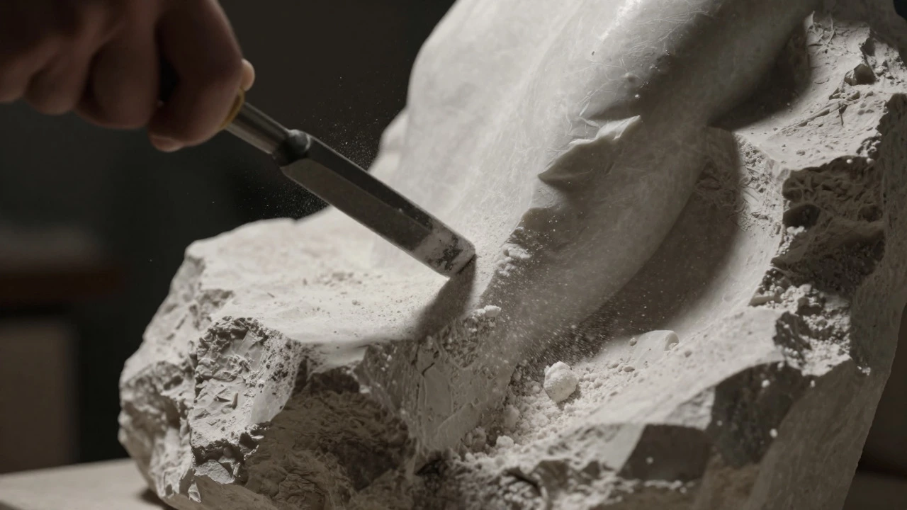 Sculptor chiseling a marble block with dramatic lighting highlighting texture and dust