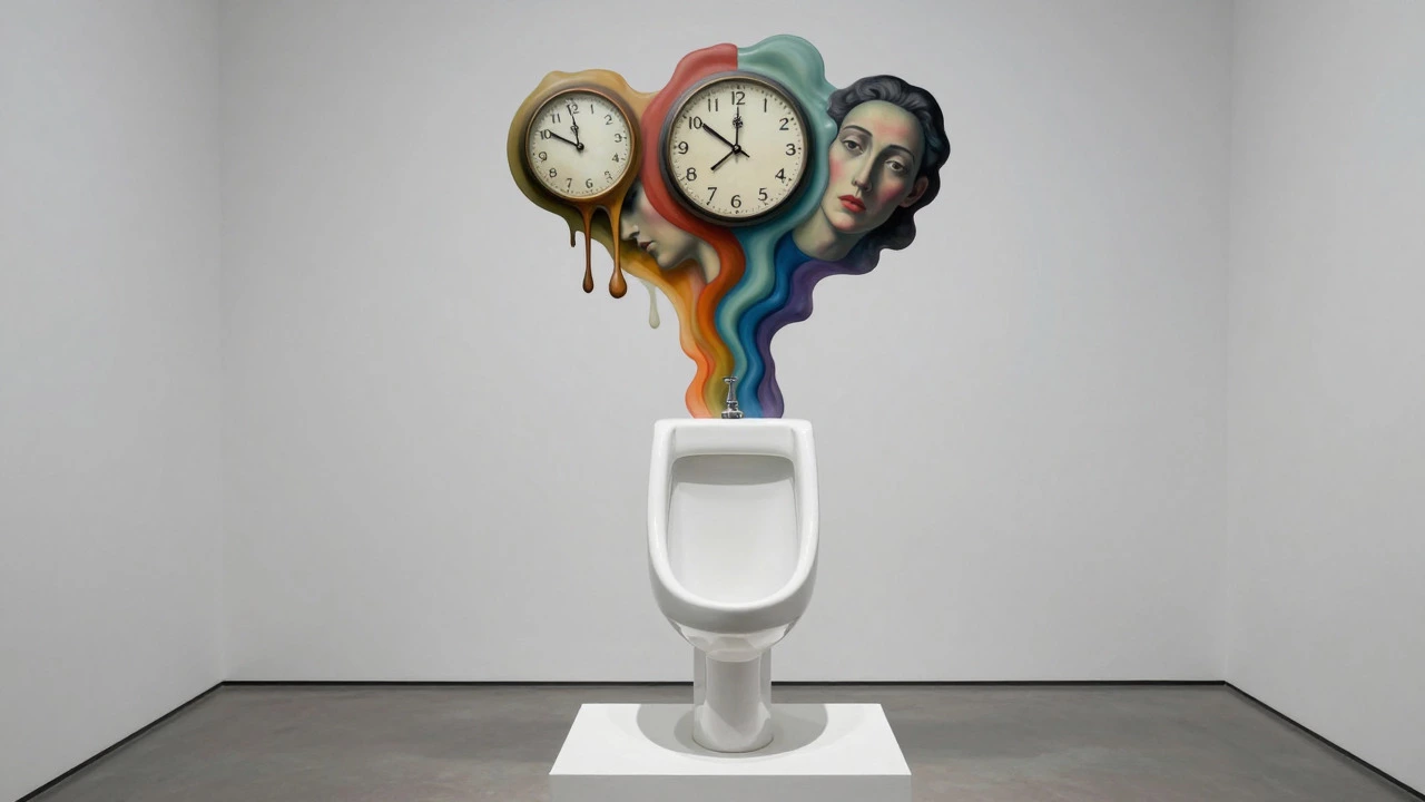 Surreal urinal sculpture dissolving into dreamlike abstract forms