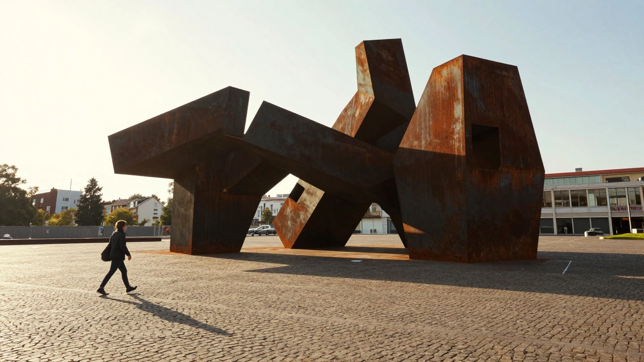 Visitor walking around a large abstract steel sculpture in a sunlit city square