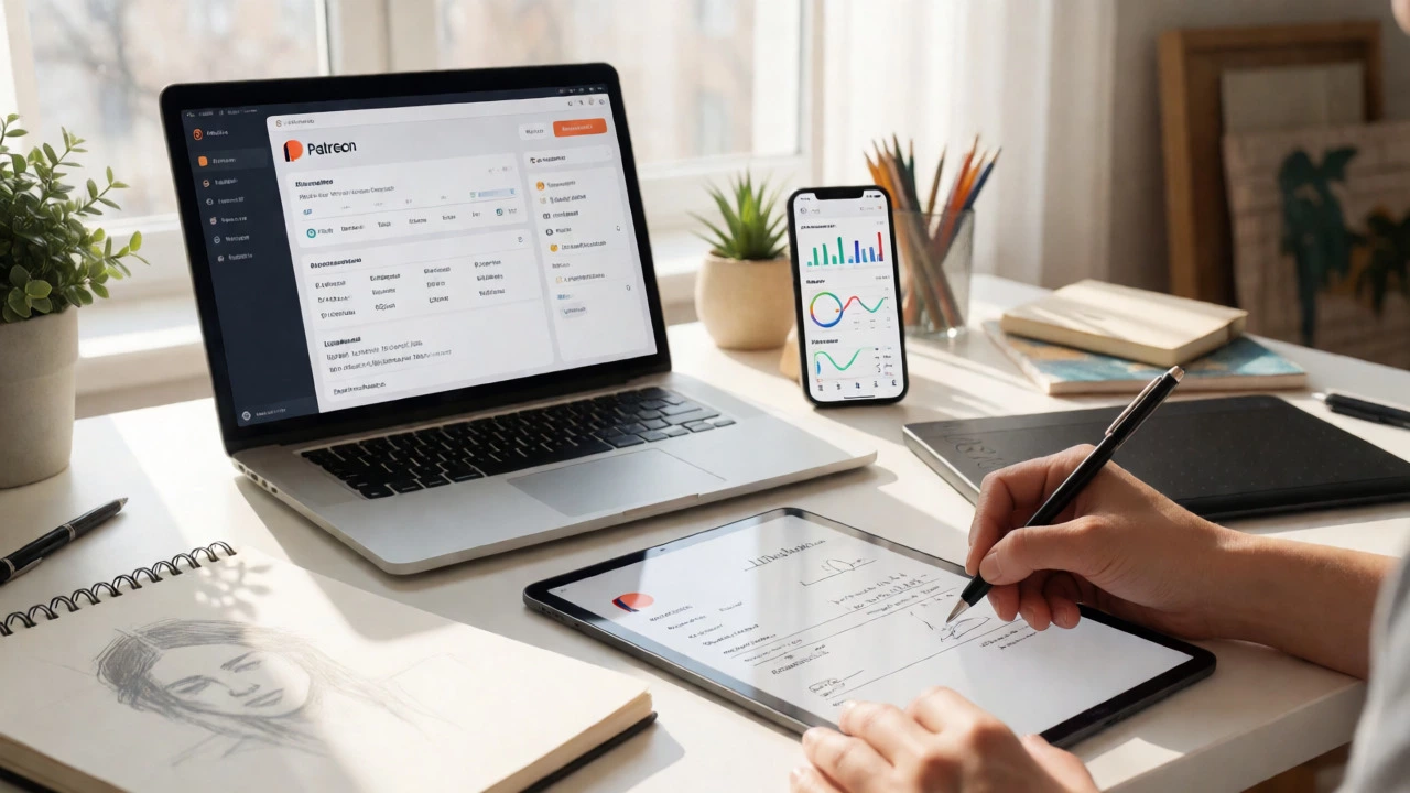 Artist managing invoices and subscriptions in a bright, organized home office