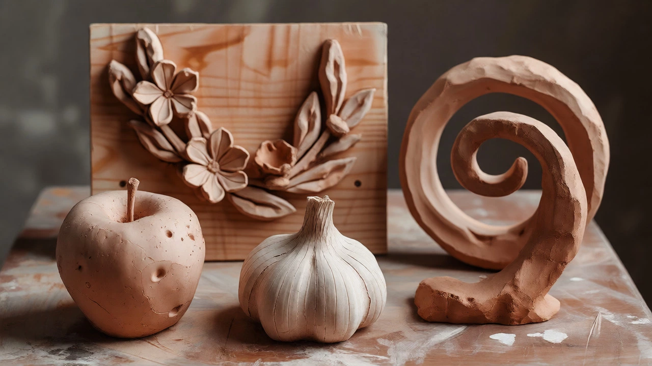 Clay fruit sculptures and relief art on a table