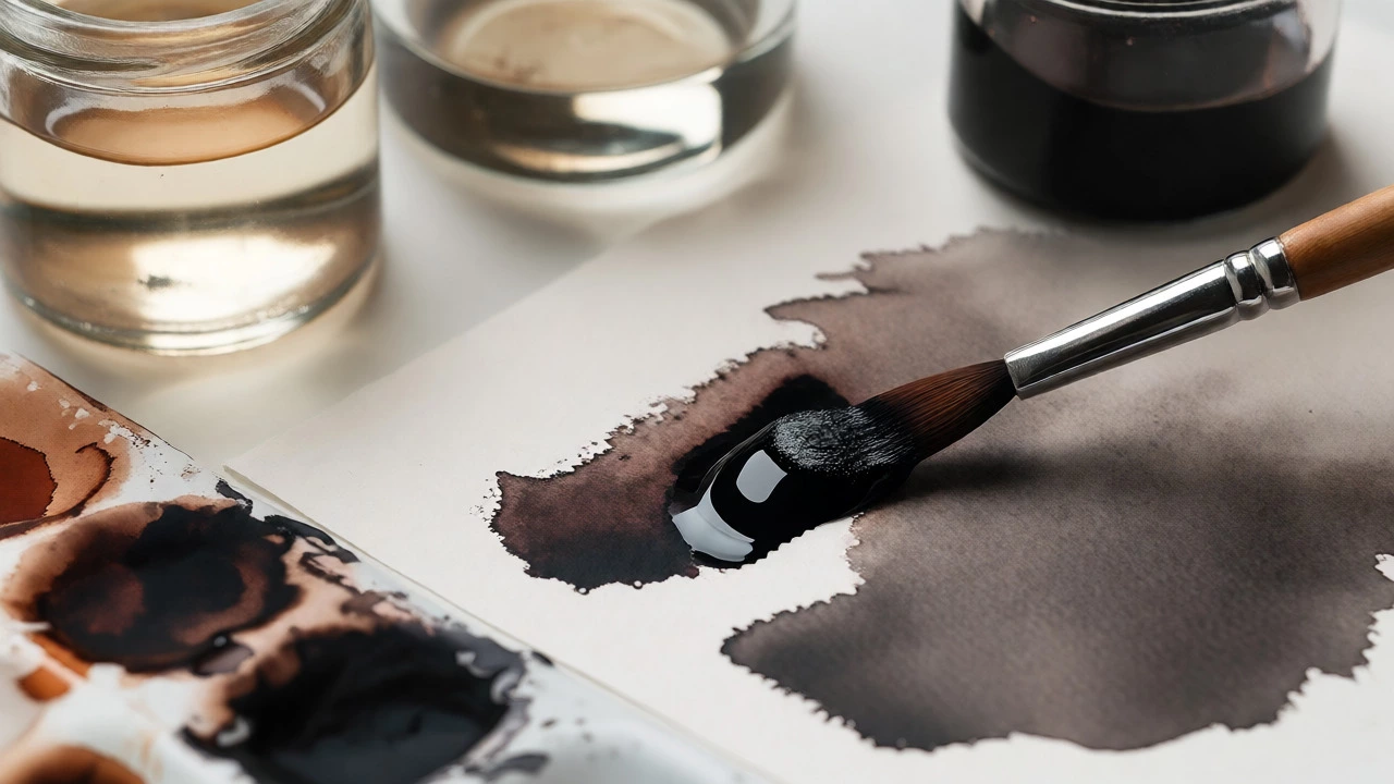 Close up of a brush applying thick watercolor pigment to damp paper.