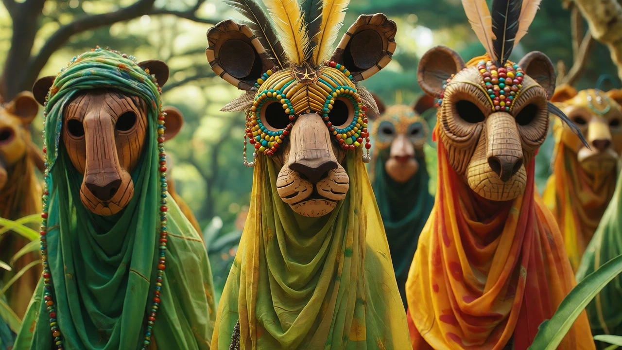 Close-up of colorful Lion King puppets and intricate costumes on stage