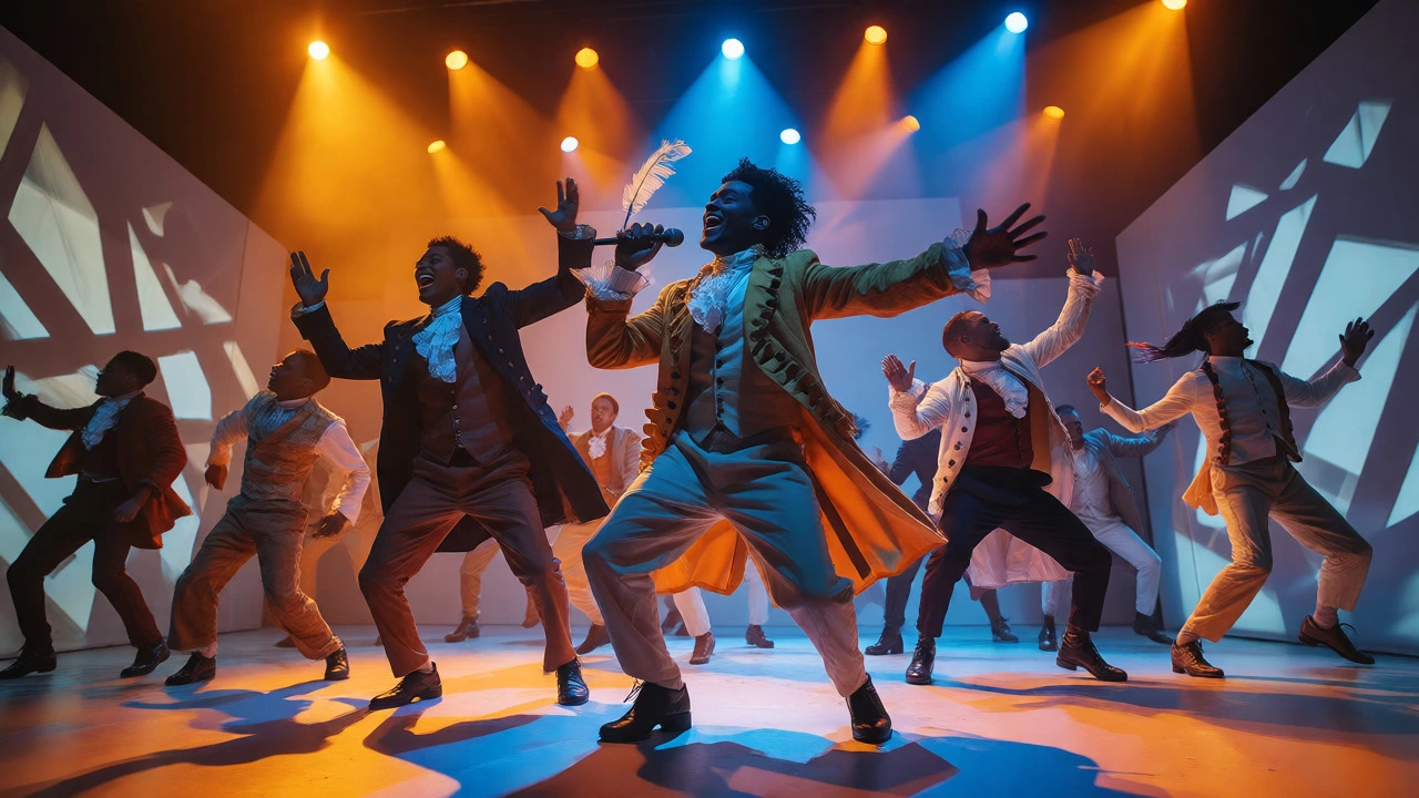 Diverse cast performing on stage with modern period costumes and dynamic lighting