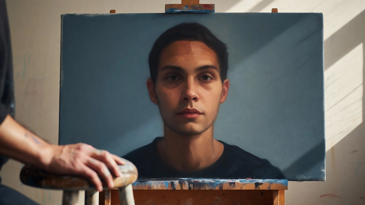 Finished portrait on an easel with a smooth slate-blue background enhancing the subject's face.