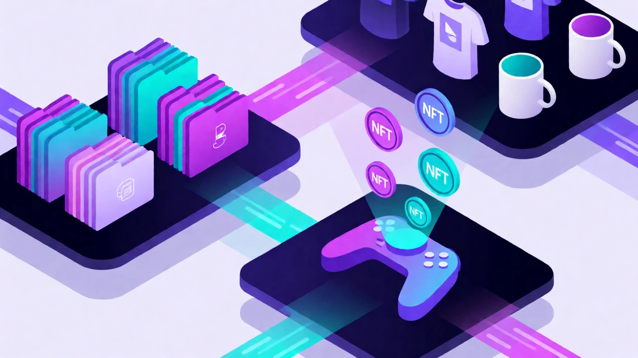 Isometric 3D illustration of digital art sales channels including NFTs and downloads