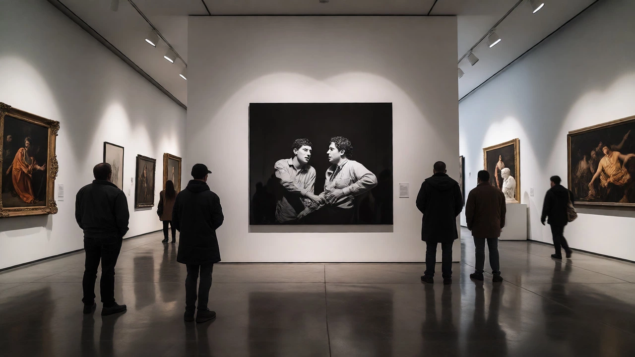 Modern art gallery visitors viewing a large photograph next to classic paintings.