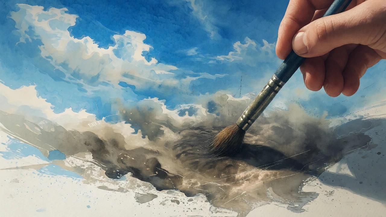Muddy, overworked watercolor sky showing loss of transparency and color vibrancy.