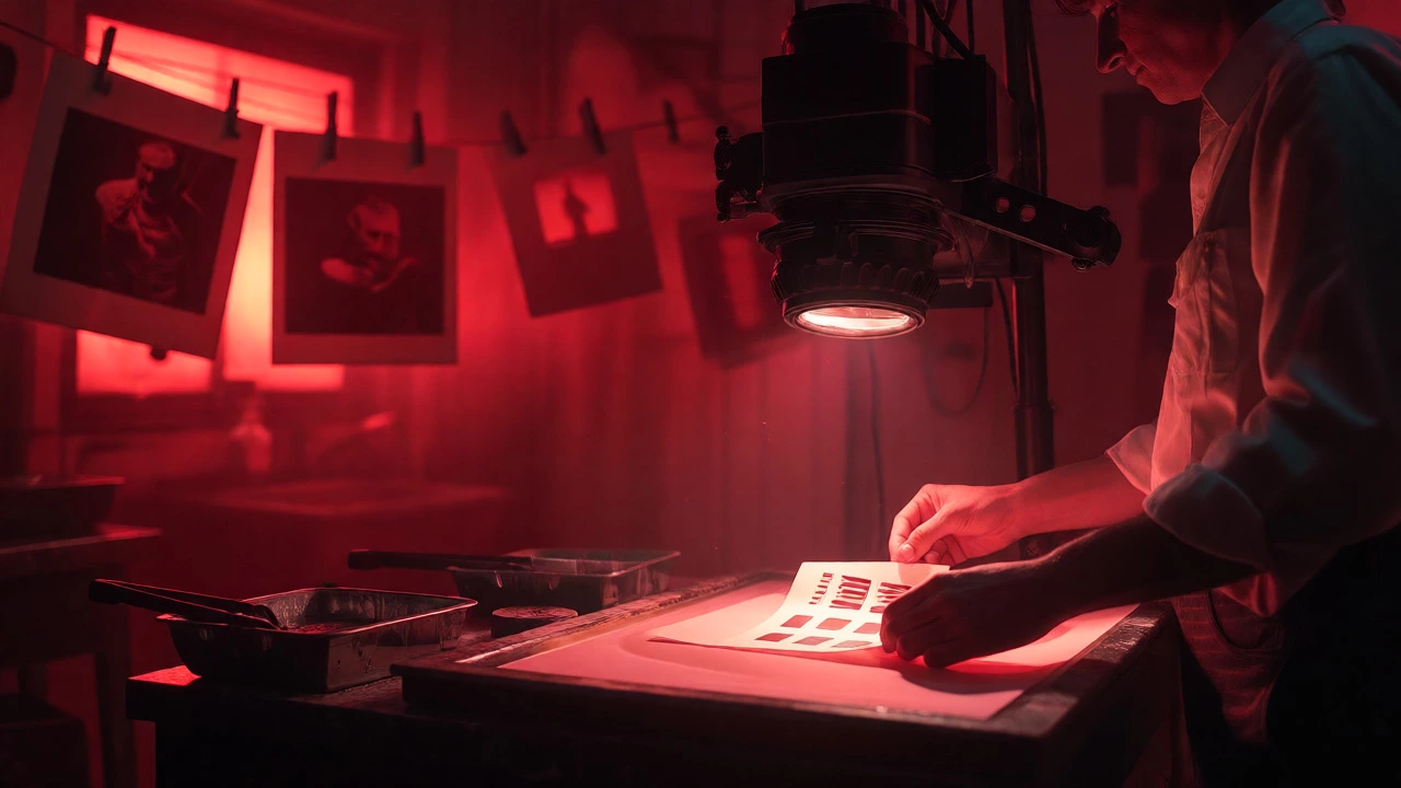 Photographer working in a red-lit darkroom, developing prints with tongs.