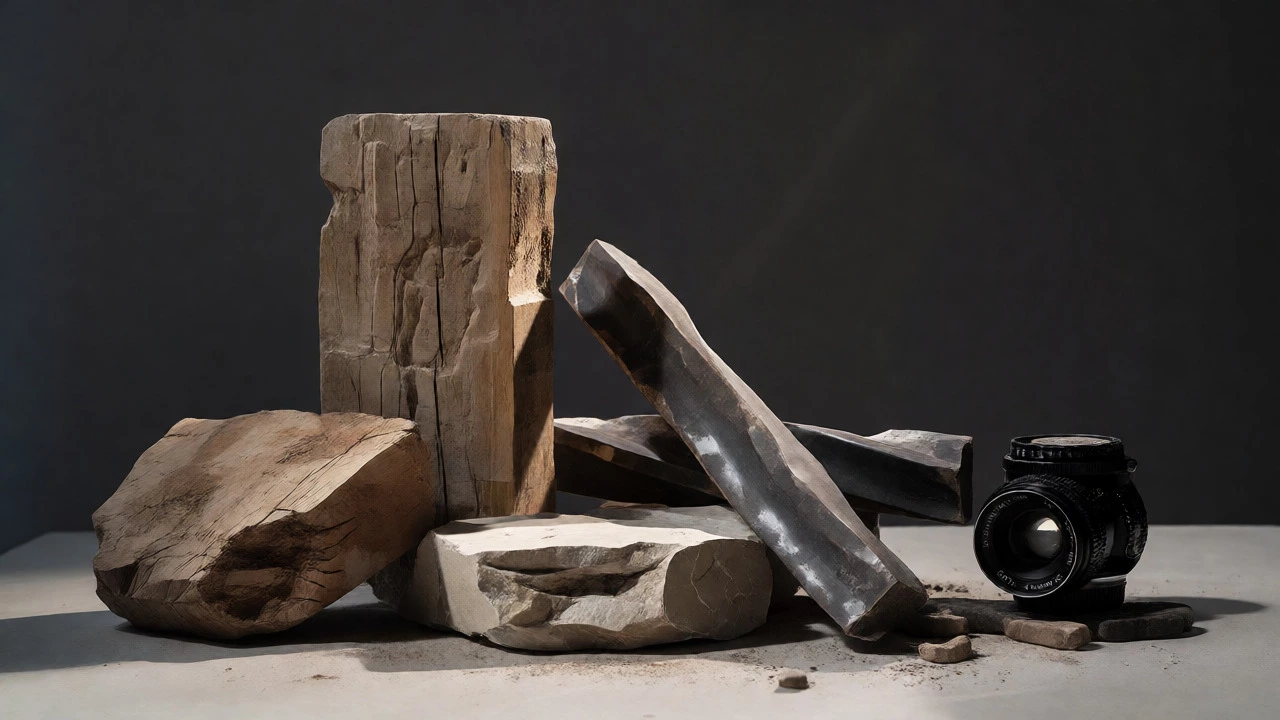 Raw sculptural materials and vintage camera lens under studio light