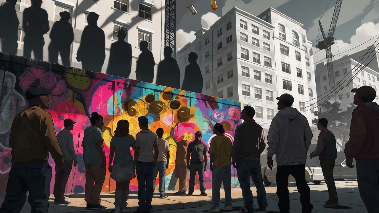 Residents protecting a community mural from looming gentrification and development.
