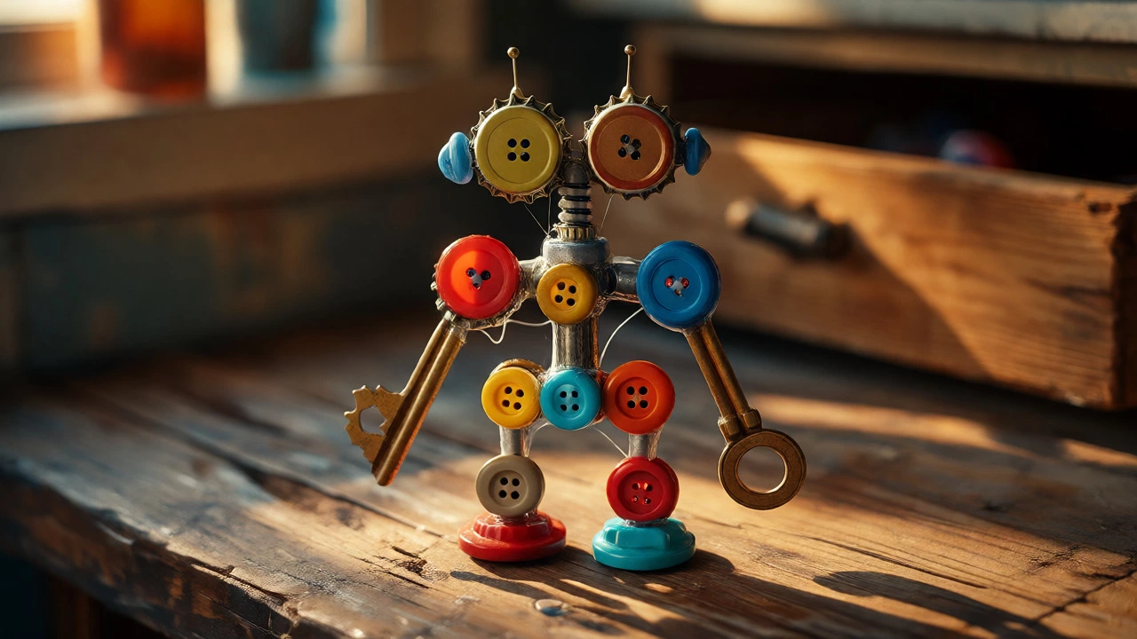Robot sculpture made from bottle caps and keys