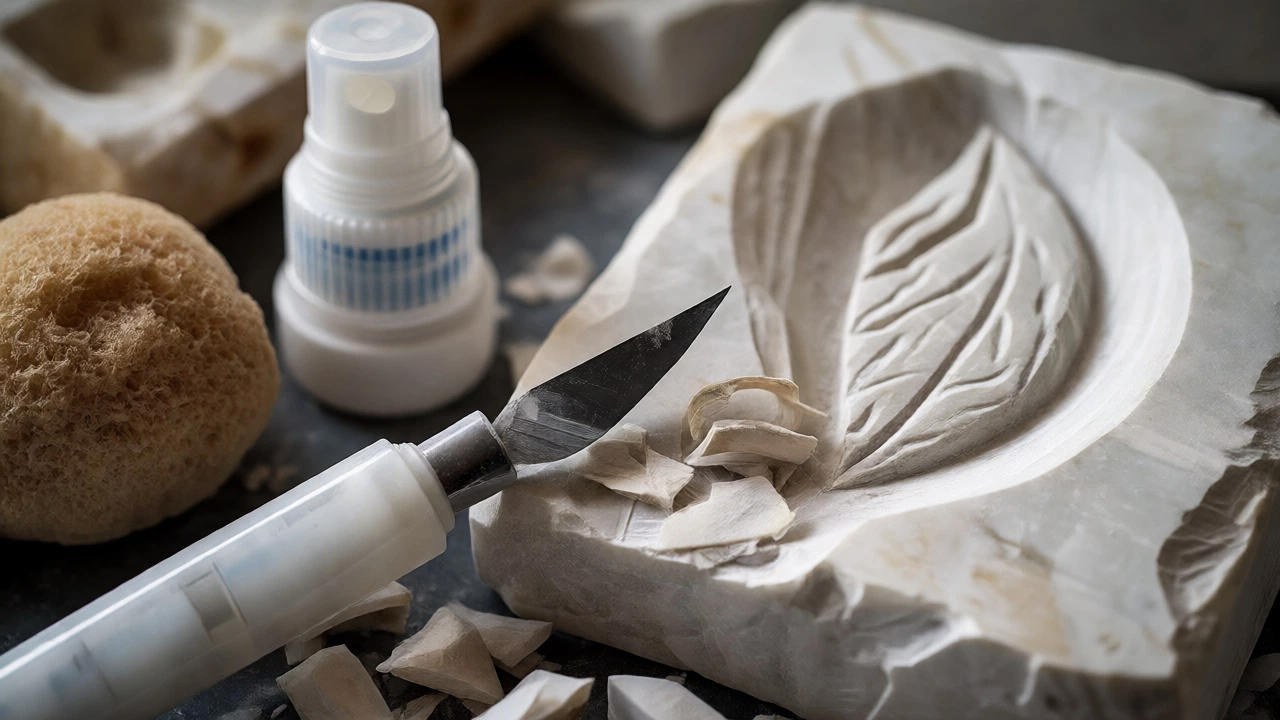 Sculpting tools next to a soapstone carving