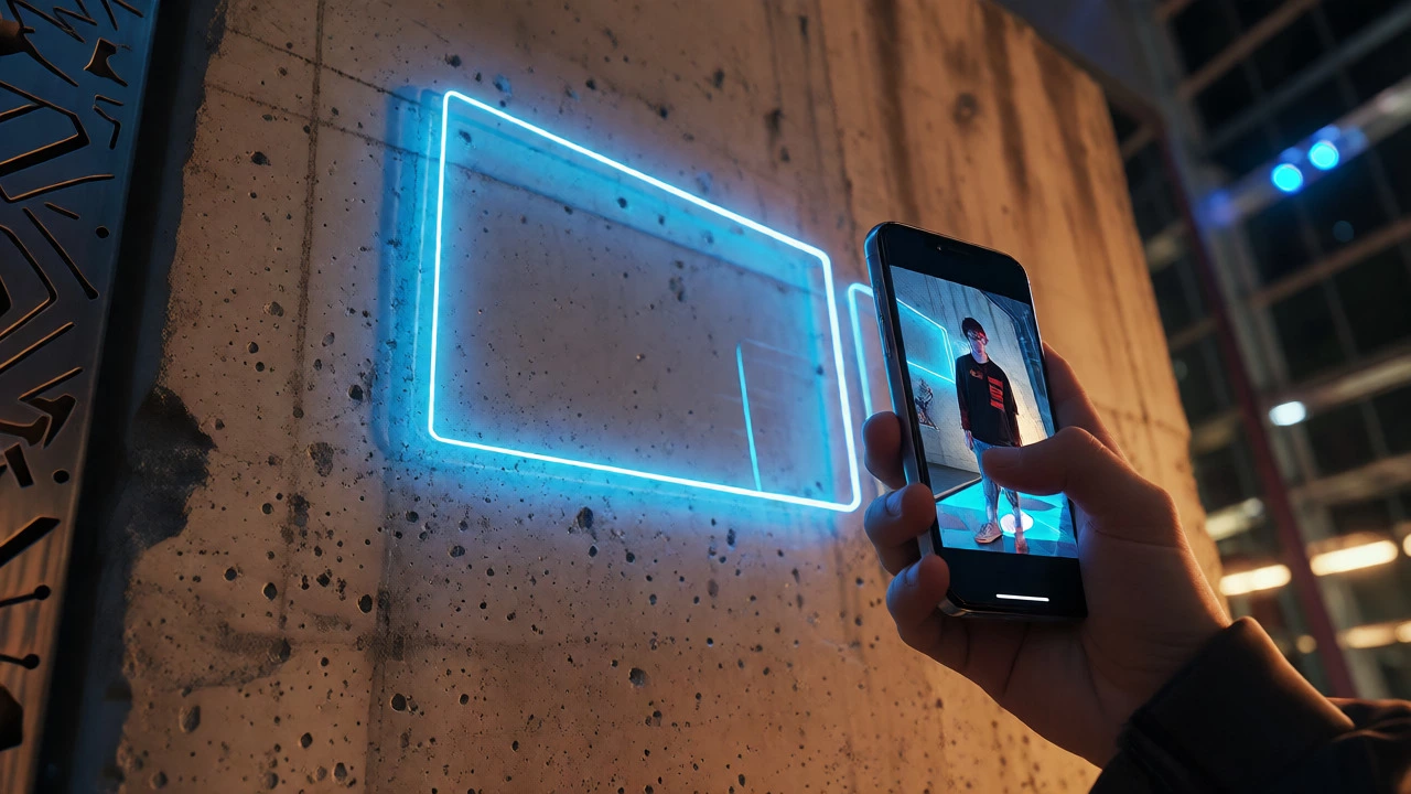 Smartphone displaying augmented reality street art overlays on a concrete wall.