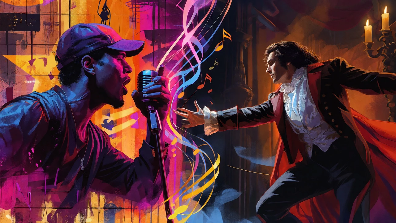 Split image contrasting hip-hop street art style with romantic opera aesthetics.