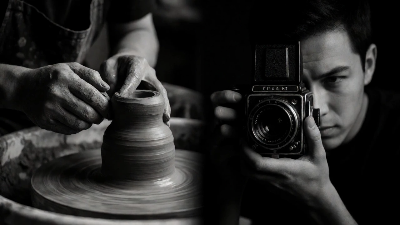 Split image showing a sculptor and a photographer representing different artistic roles.