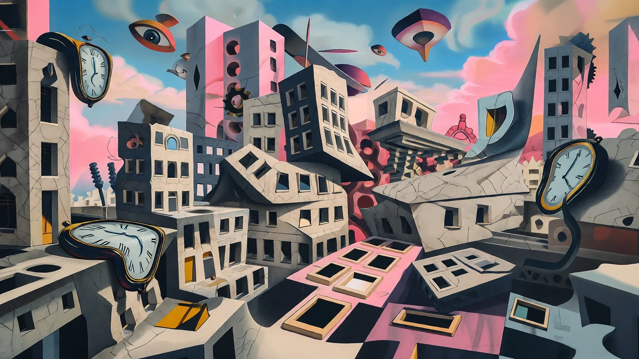 Surrealist cityscape with cubist fragmentation and melting clocks
