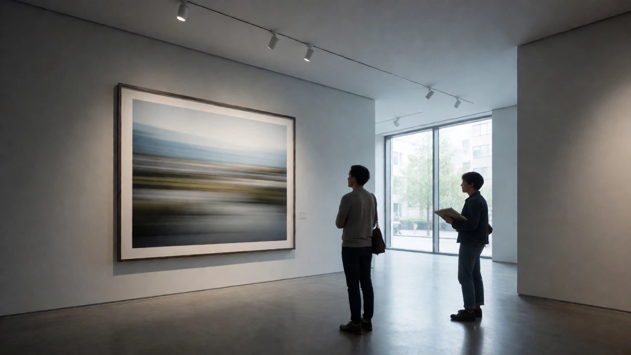 Visitors viewing a framed fine art photograph in a modern minimalist gallery.