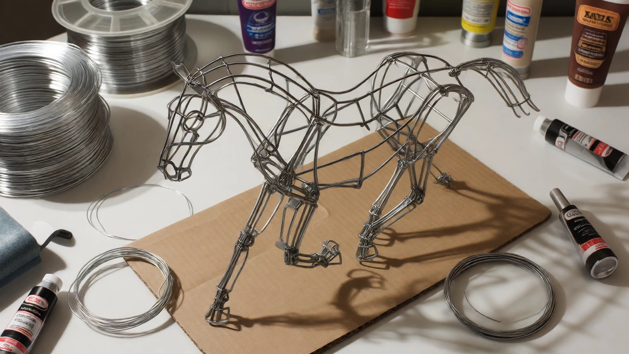 Wire armature skeleton of a horse on a base