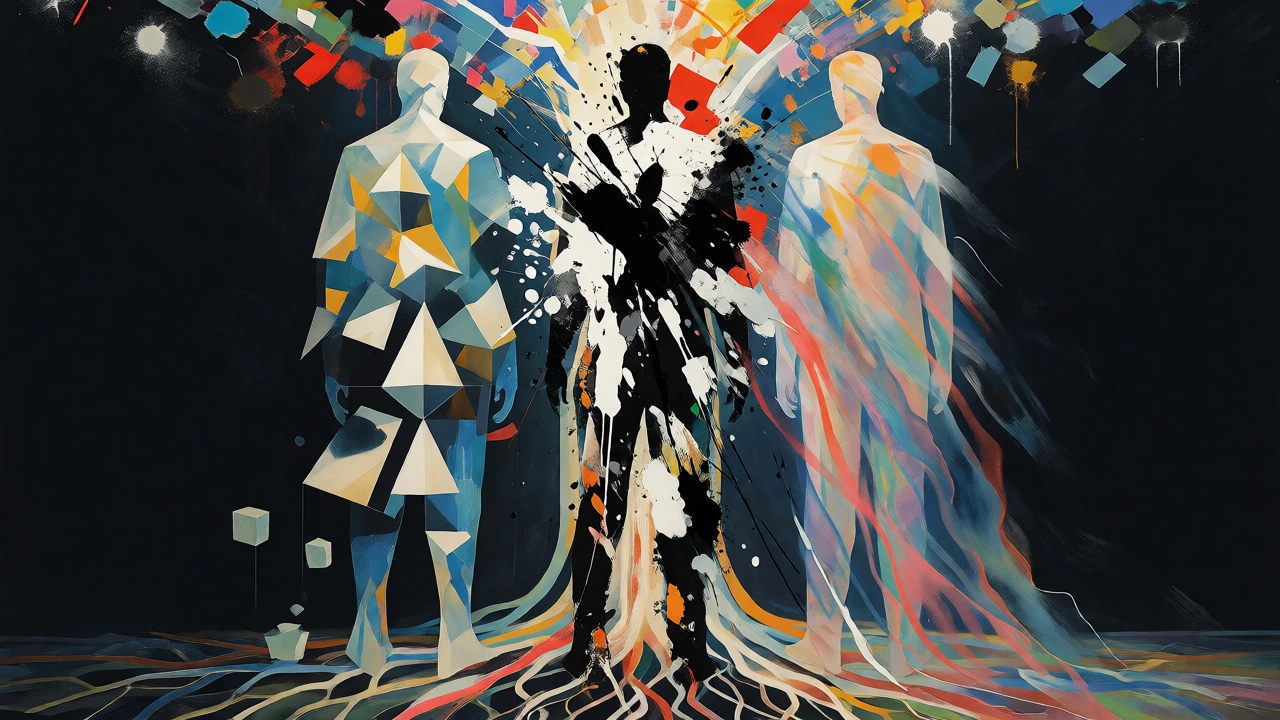 Abstract figures representing Cézanne, Manet, and Monet merging into modern art.