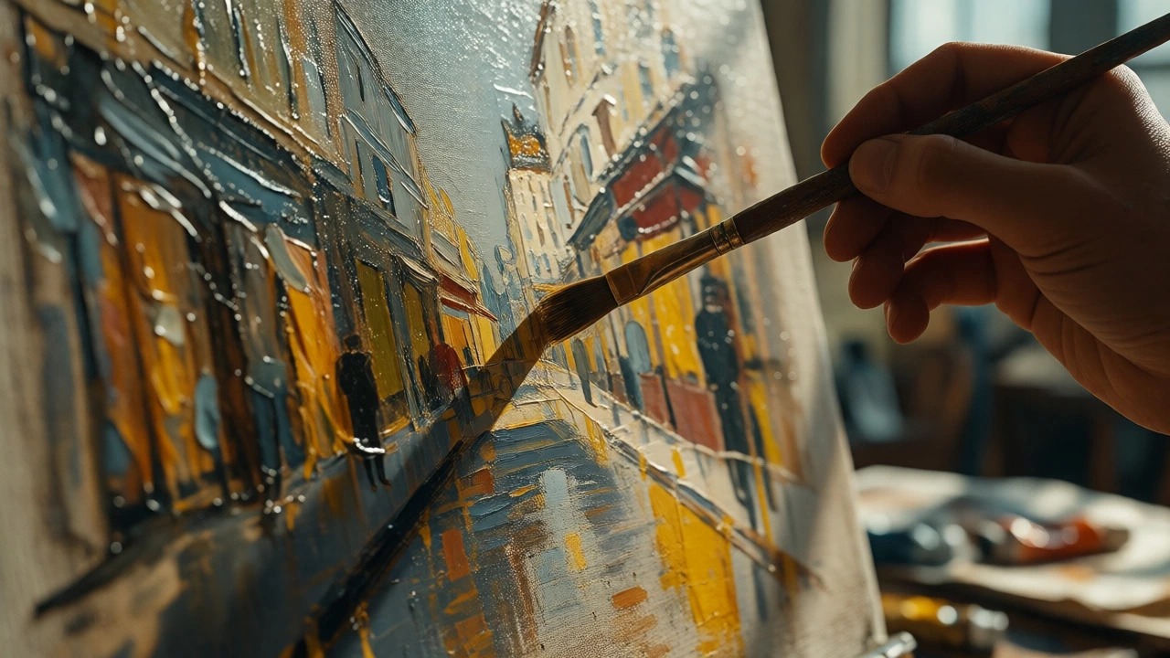 Artist's hand painting a multi-perspective scene reflecting early modernist techniques.