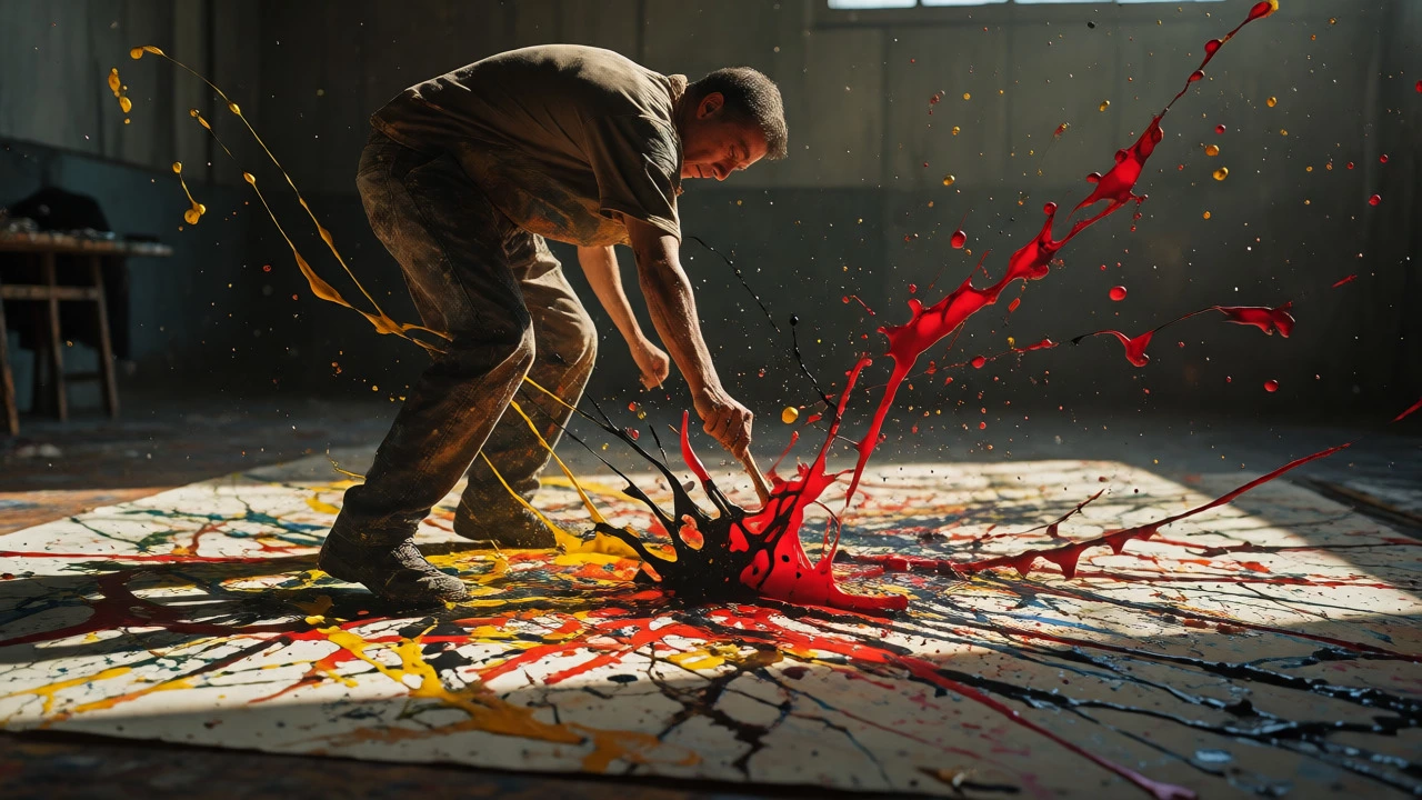 Artist dynamically dripping paint onto a canvas in an expressive abstract style.