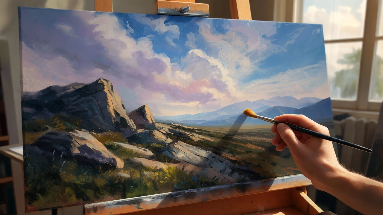 Artist refining edges on a finished landscape painting