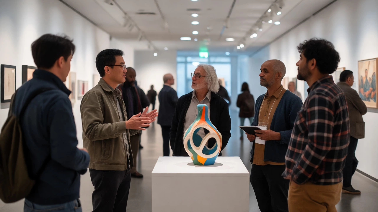 Artists and curators discussing a ceramic sculpture in a modern gallery space.