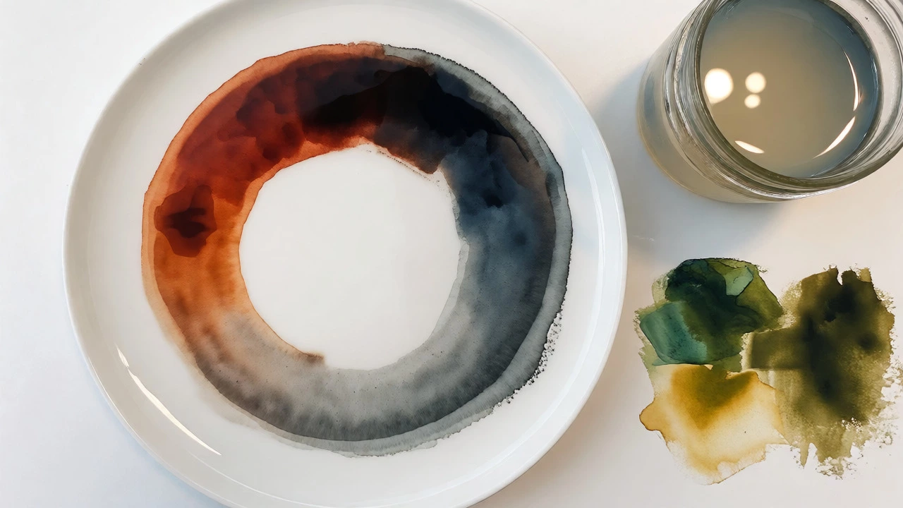 Blended watercolor washes of earth tones and greens on a white plate.
