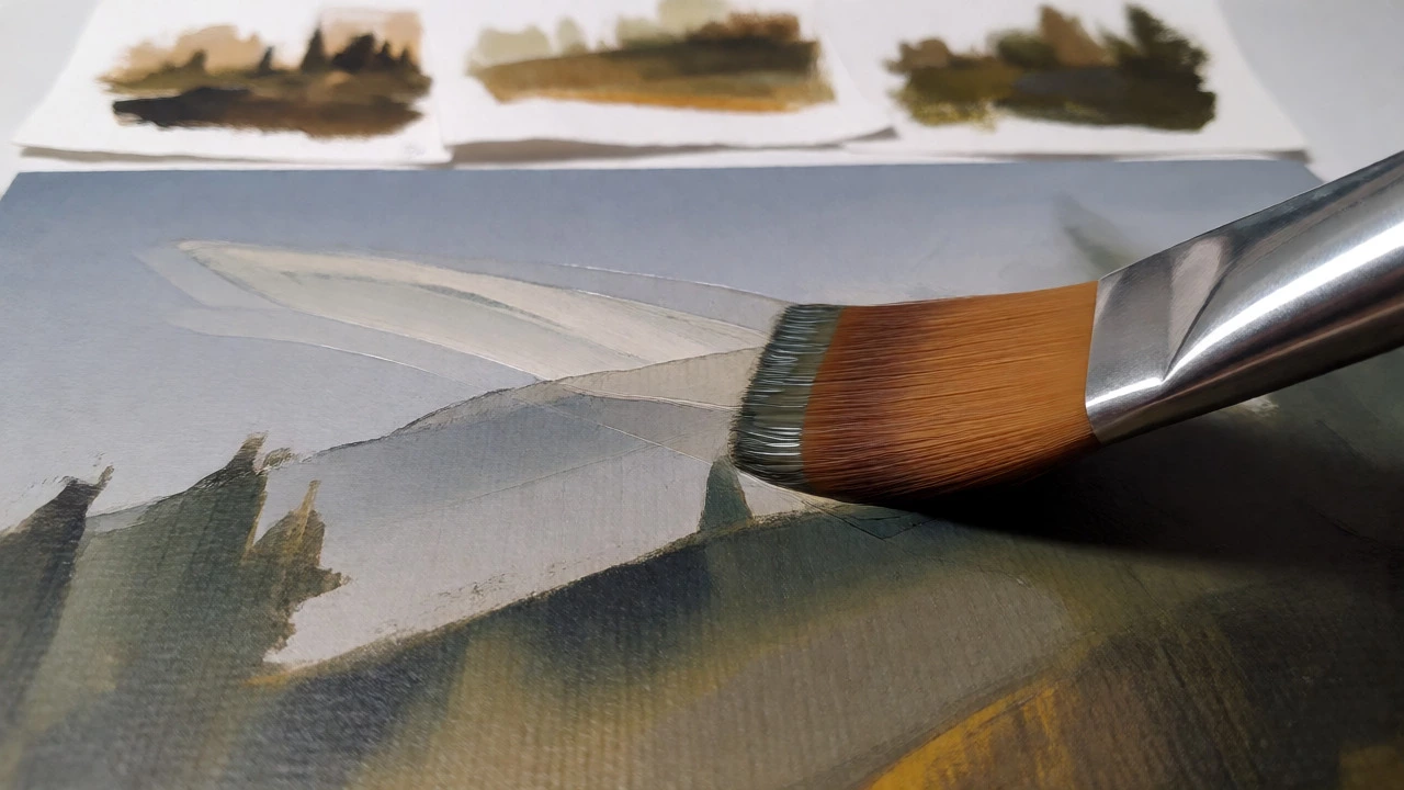 Brush applying thin washes to block in landscape shapes