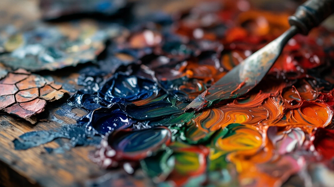 Close-up of oil paints being mixed on a palette, showing color theory in practice.