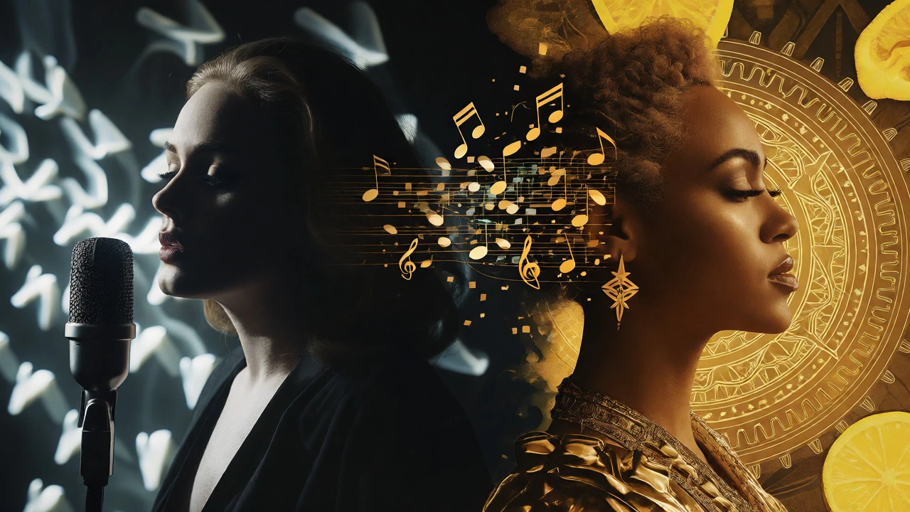 Conceptual split image showing a vintage mic for Adele and golden patterns for Beyoncé, merging music with data streams.