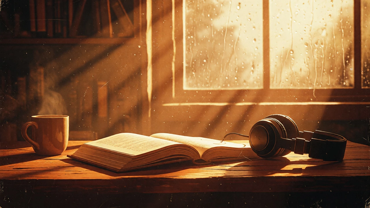Cozy study desk with books and headphones in warm sunlight and rain outside window
