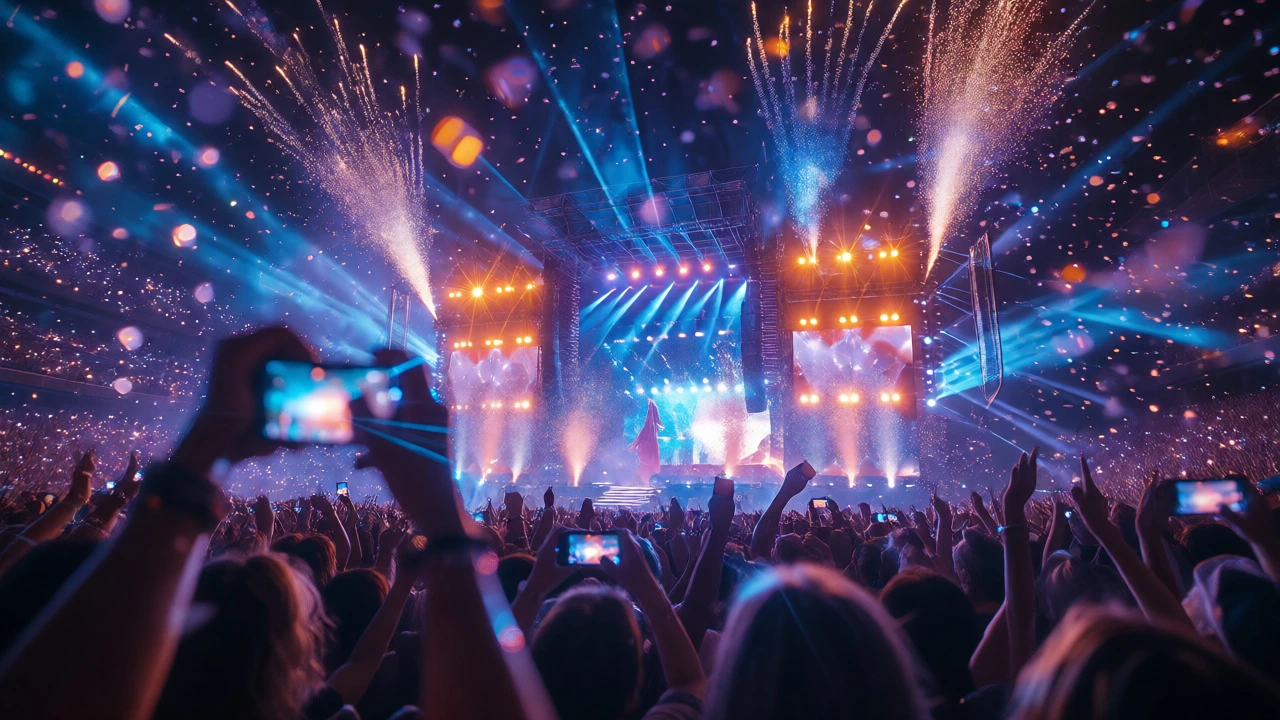 Crowd view of a massive concert stage with exploding confetti and lights, representing Taylor Swift's Eras Tour scale.